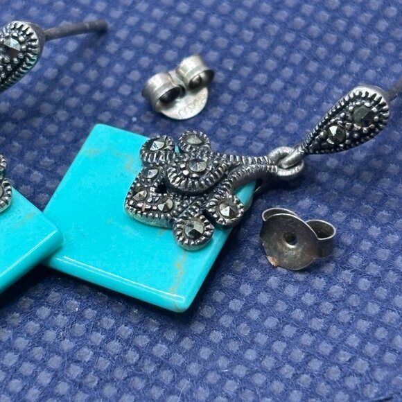 Genuine Turquoise, Marcasites on Sterling Silver Dangle Earrings Minimal Clasd - Picture 8 of 8